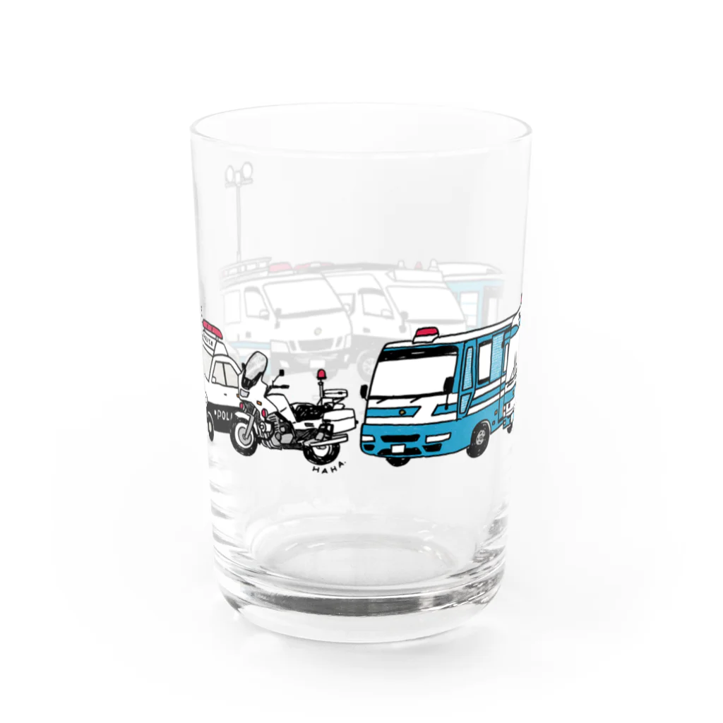 母アパレルの警察車両並べました Water Glass :back