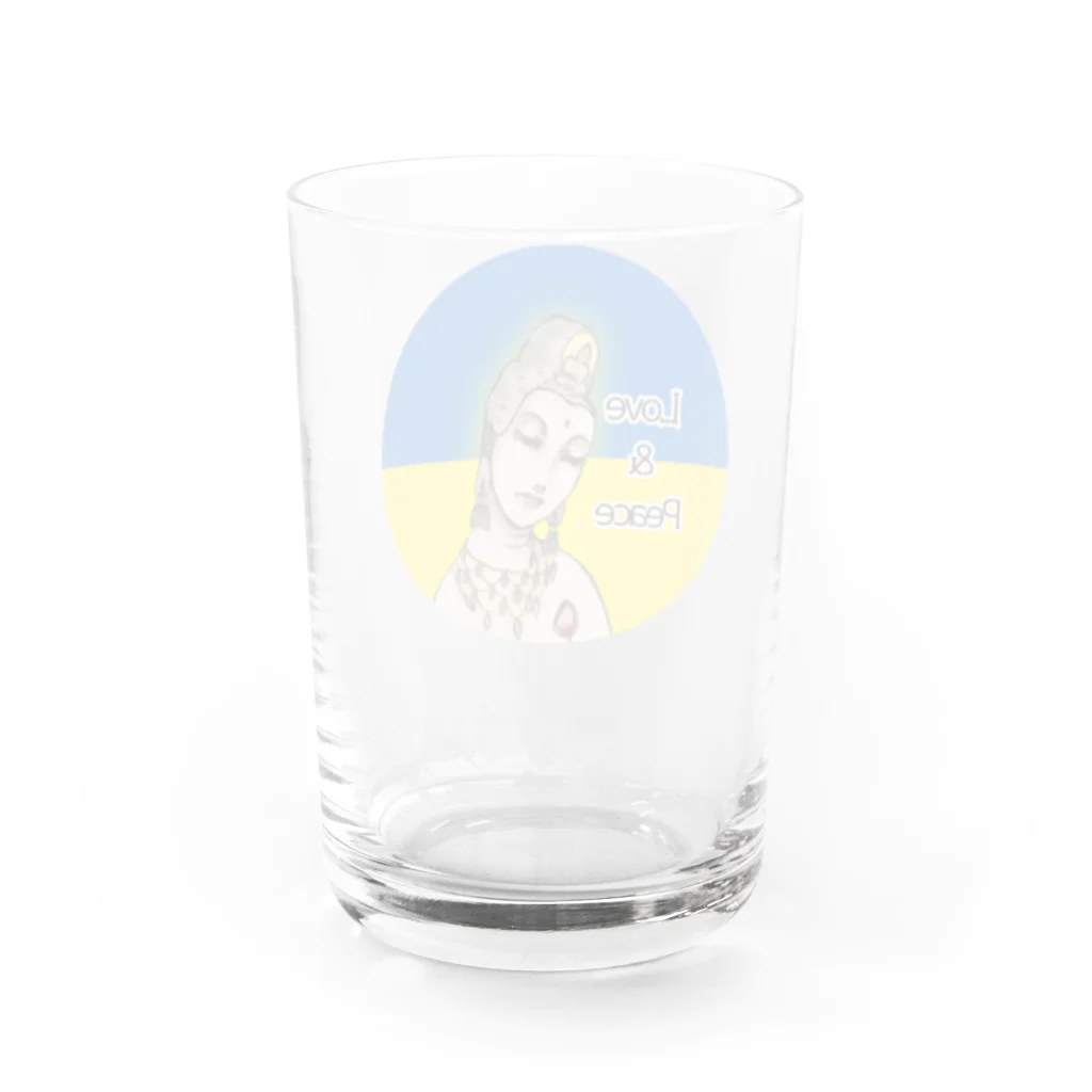 諭苑のSUZURI店のLove＆Peace観世音菩薩ウクライナ国旗背景 Water Glass :back
