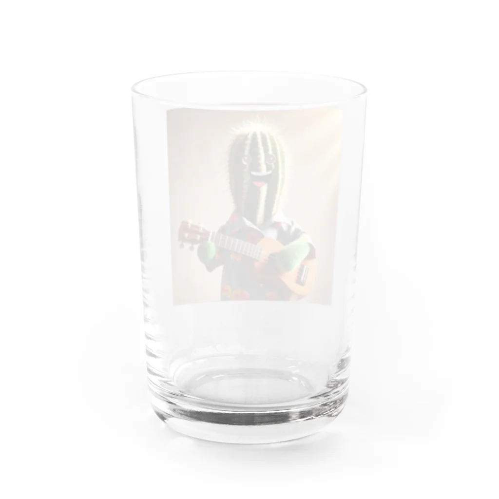 ワンダーワールド・ワンストップのハワイアンシャツを着てウクレレを弾くサボテン Water Glass :back