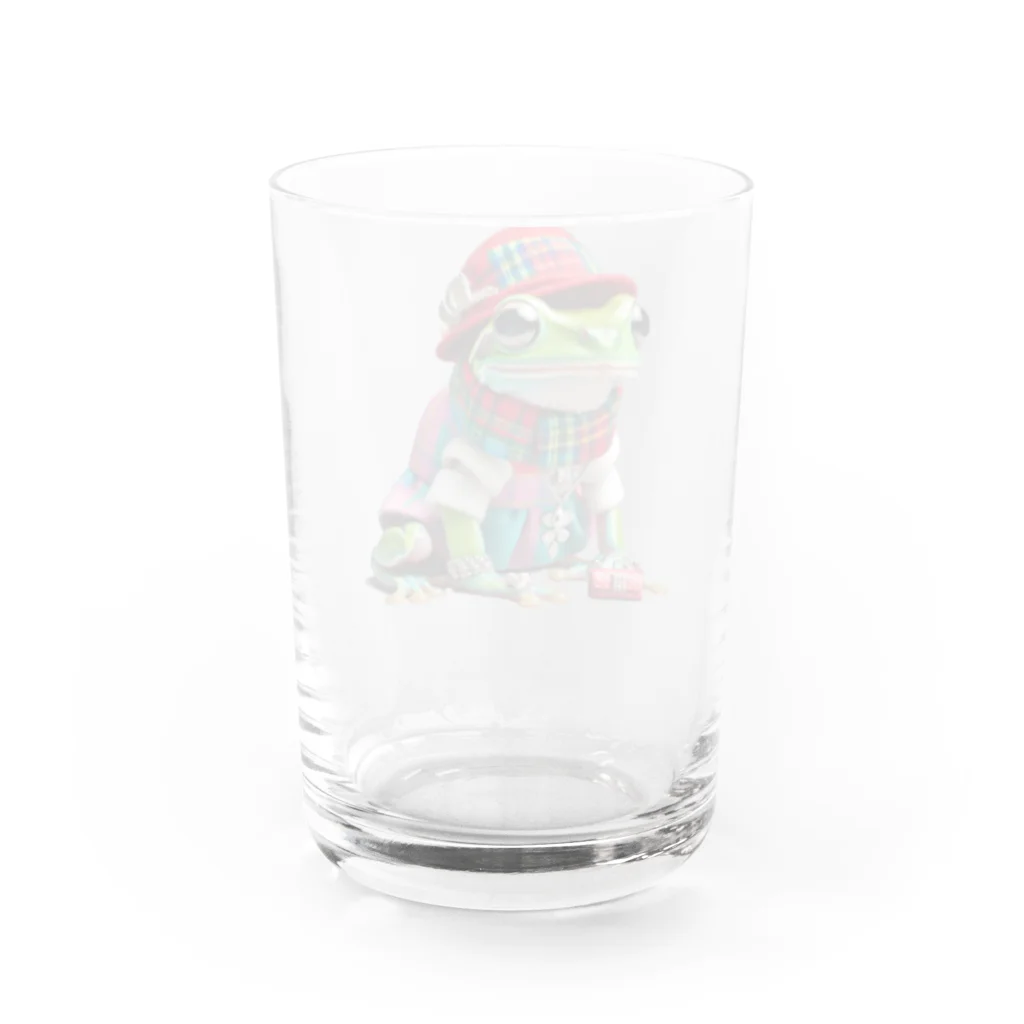 はらペコチャンネルのおしゃれなカエル（赤チェック） Water Glass :back