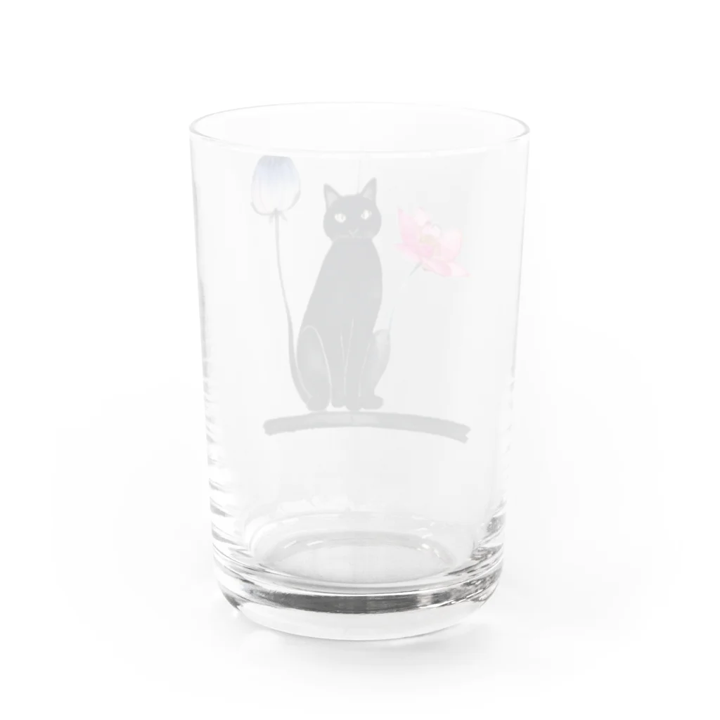 幸運のしっぽの黒猫と花 Water Glass :back