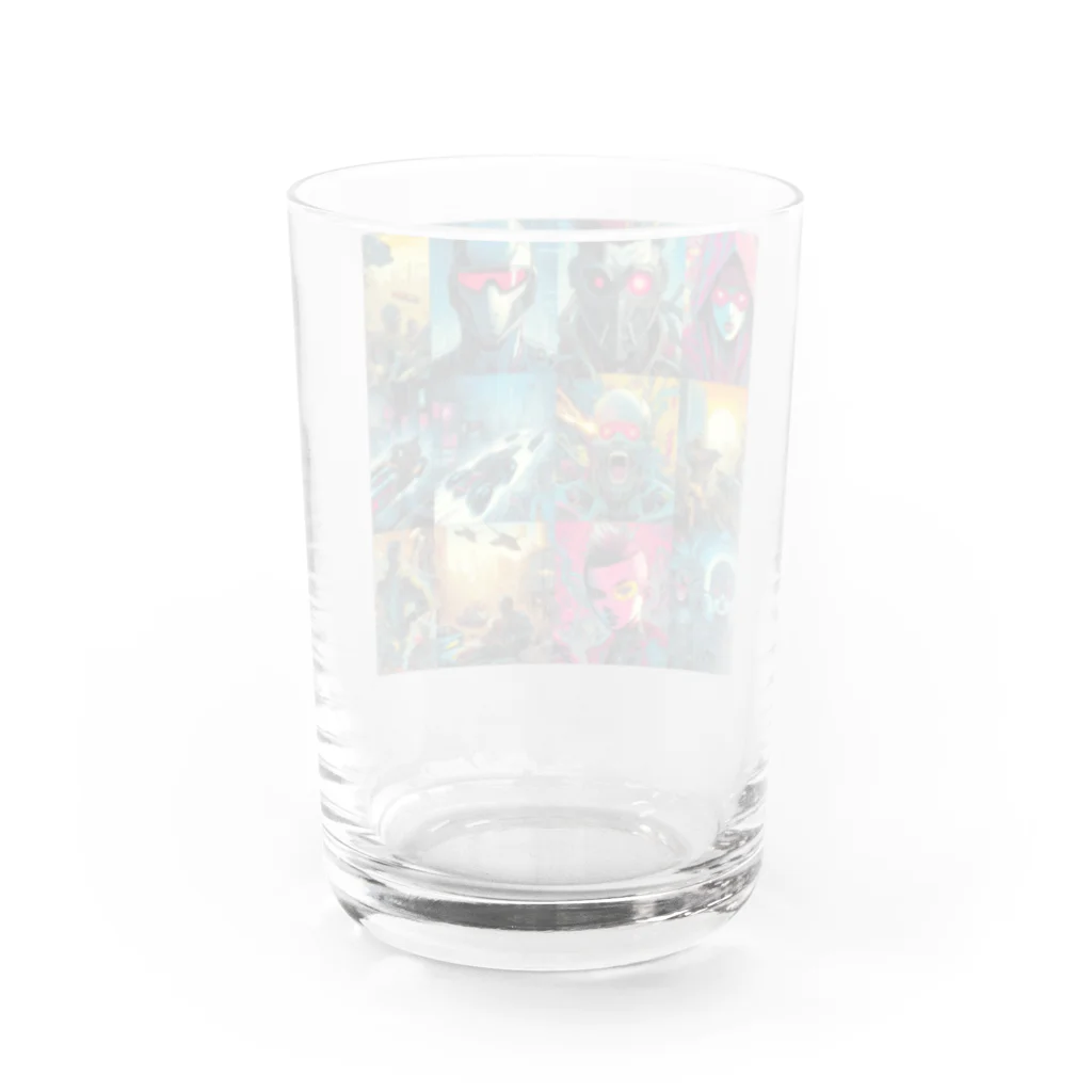 3匹の黒猫 ショップのアメコミ風のダークヒーロー Water Glass :back