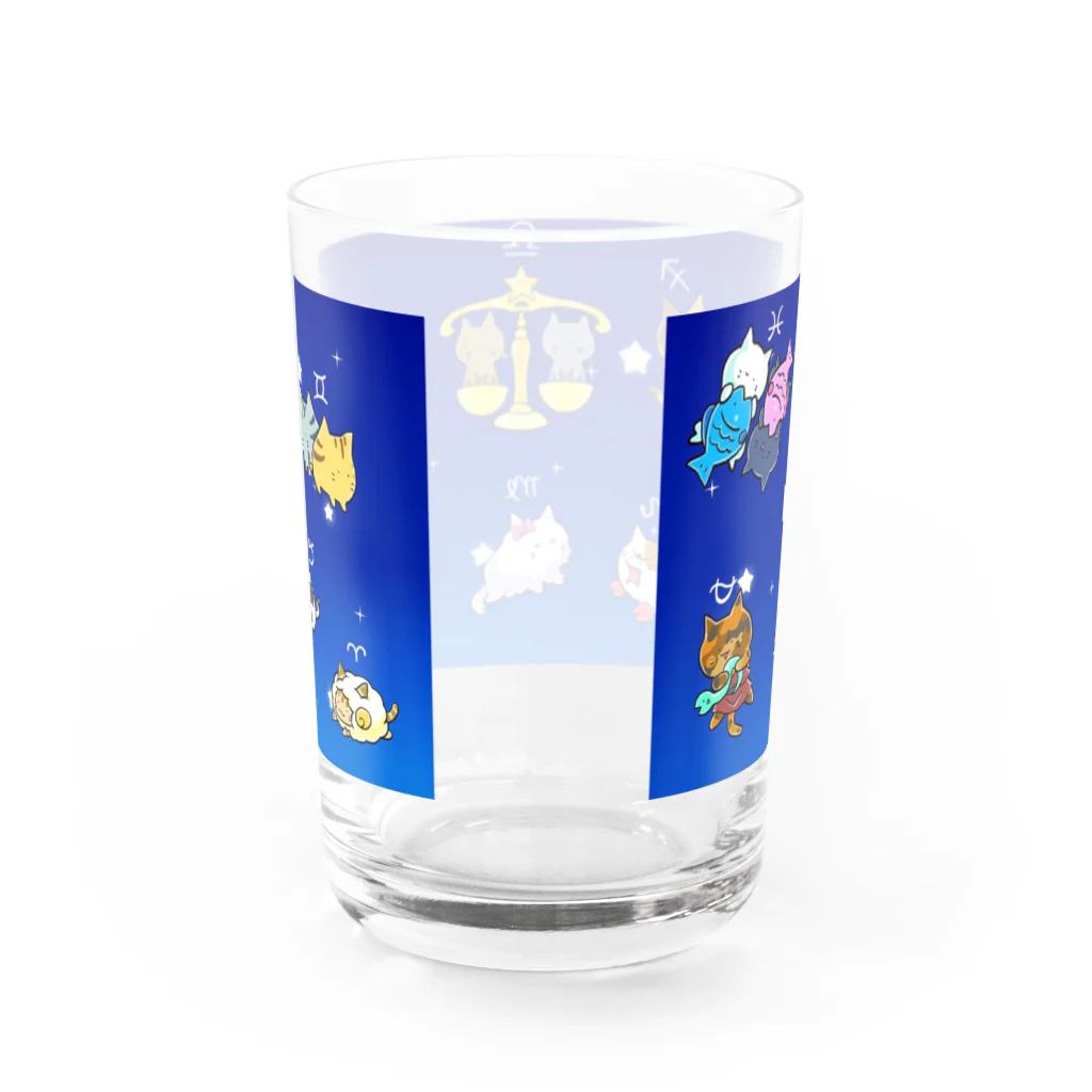 もふもふ堂の十二（十三）星座の夢溢れる猫デザイン Water Glass :back