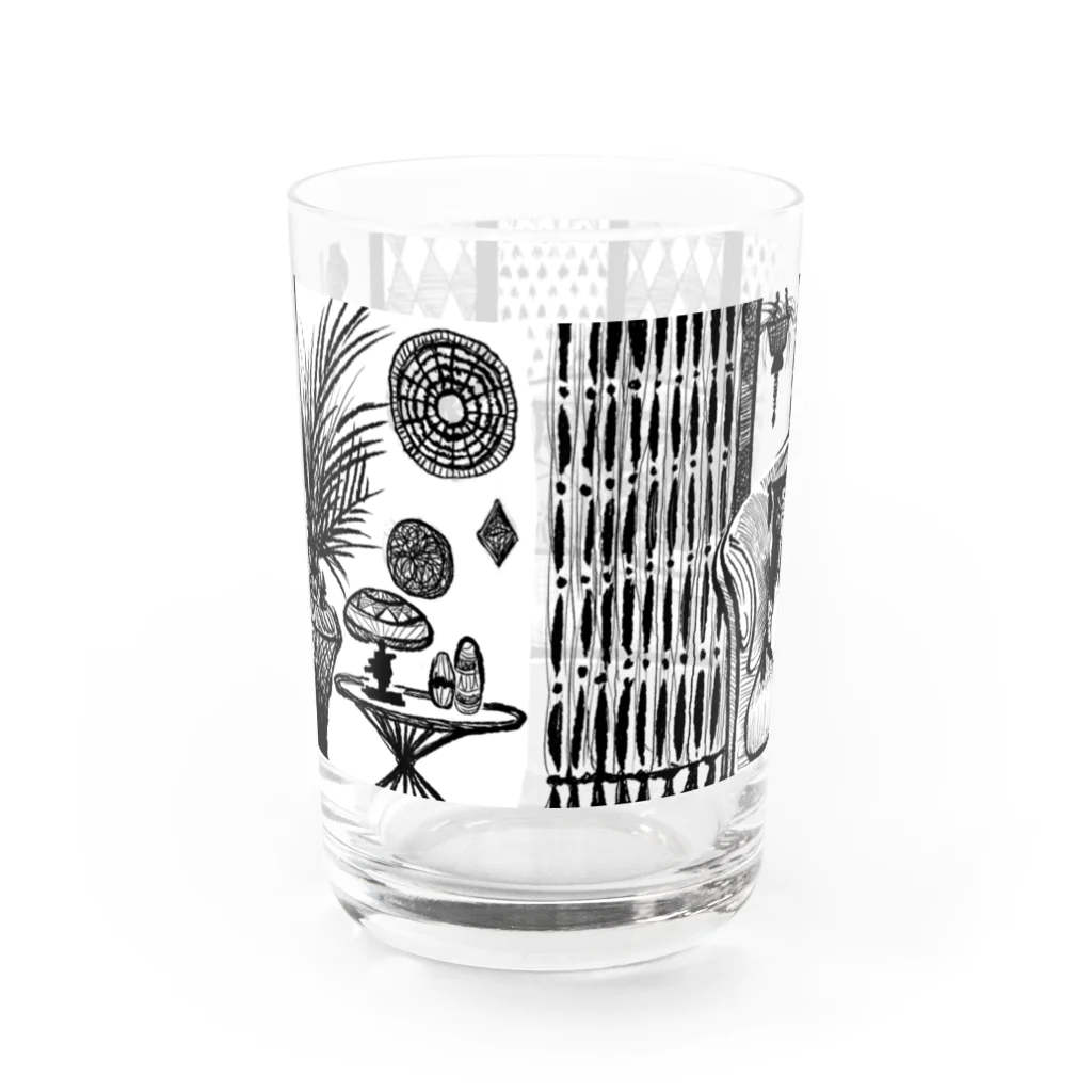 不可思議商店の版画風のんびり猫ちゃん（色の濃い飲み物用） Water Glass :back