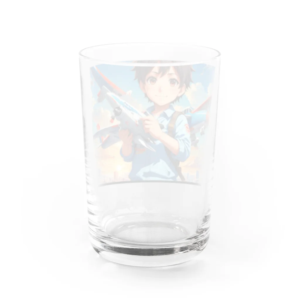 YUIMUNI-ユイム二の空を駆けるかっこいい飛行機模型を手にした子供 Water Glass :back