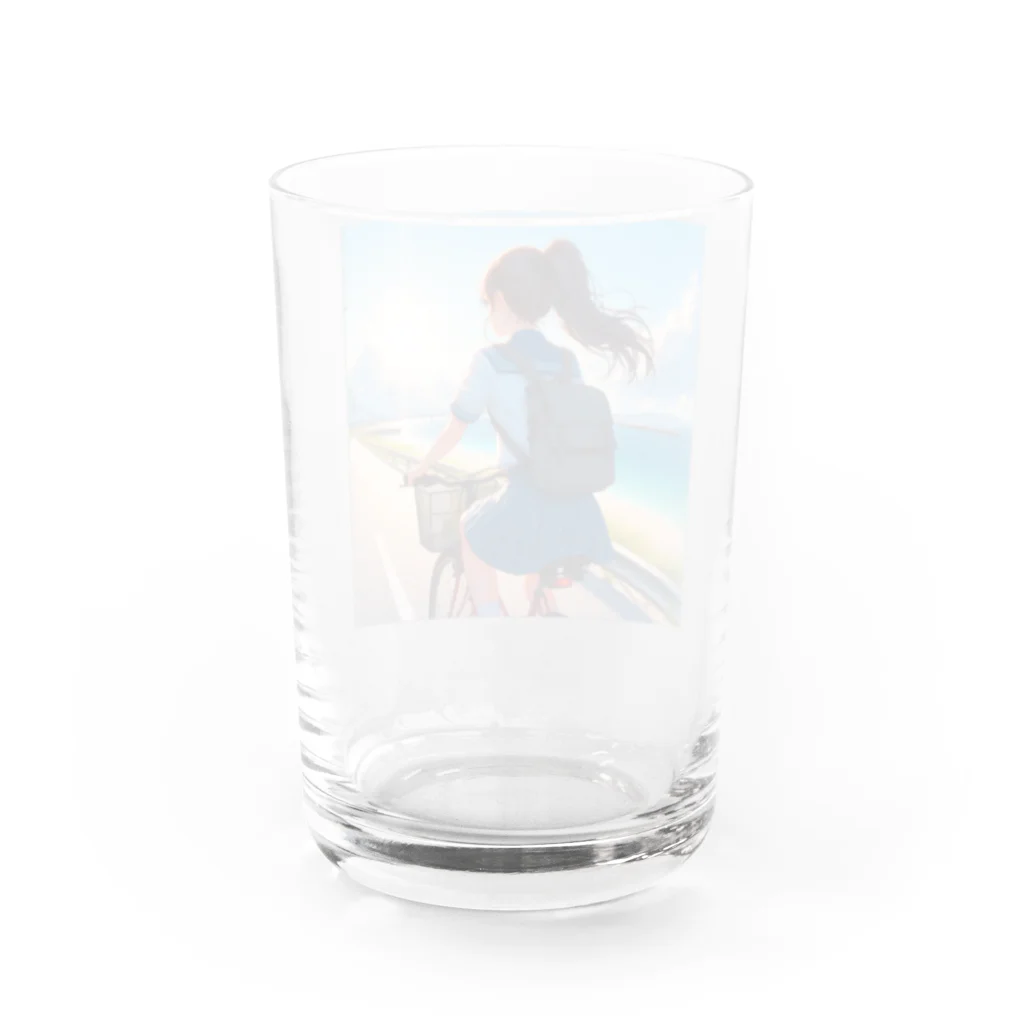 ふりむいての海岸沿いの風、自転車を漕ぐ女の子 Water Glass :back