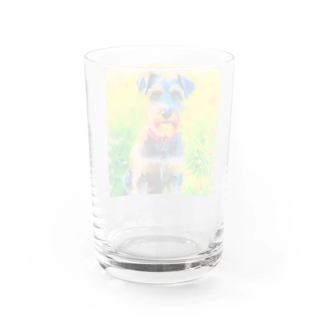 犬好きのしましまの水彩画の犬 花畑のシュナウザーのイラスト グラス反対面