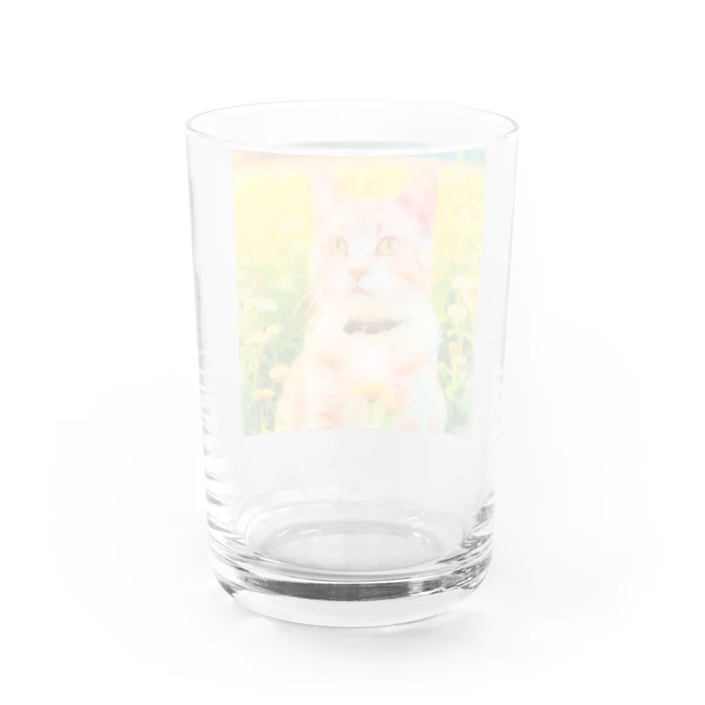 猫好きの谷の猫の水彩画/花畑のチャシロねこのイラスト/茶白ネコ Water Glass :back