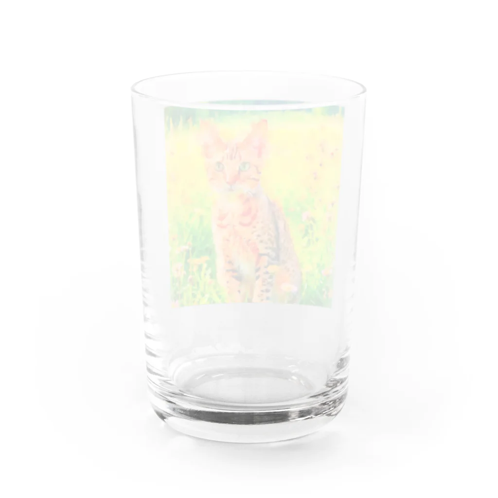 猫好きの谷の猫の水彩画/花畑のオシキャットねこのイラスト/キジトラネコ Water Glass :back