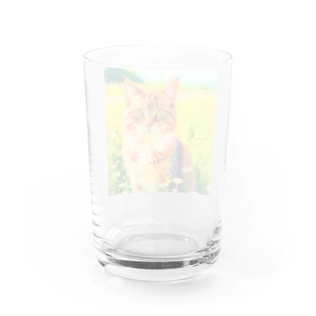 猫好きの谷の猫の水彩画/花畑のマンクスねこのイラスト/キジトラネコ Water Glass :back