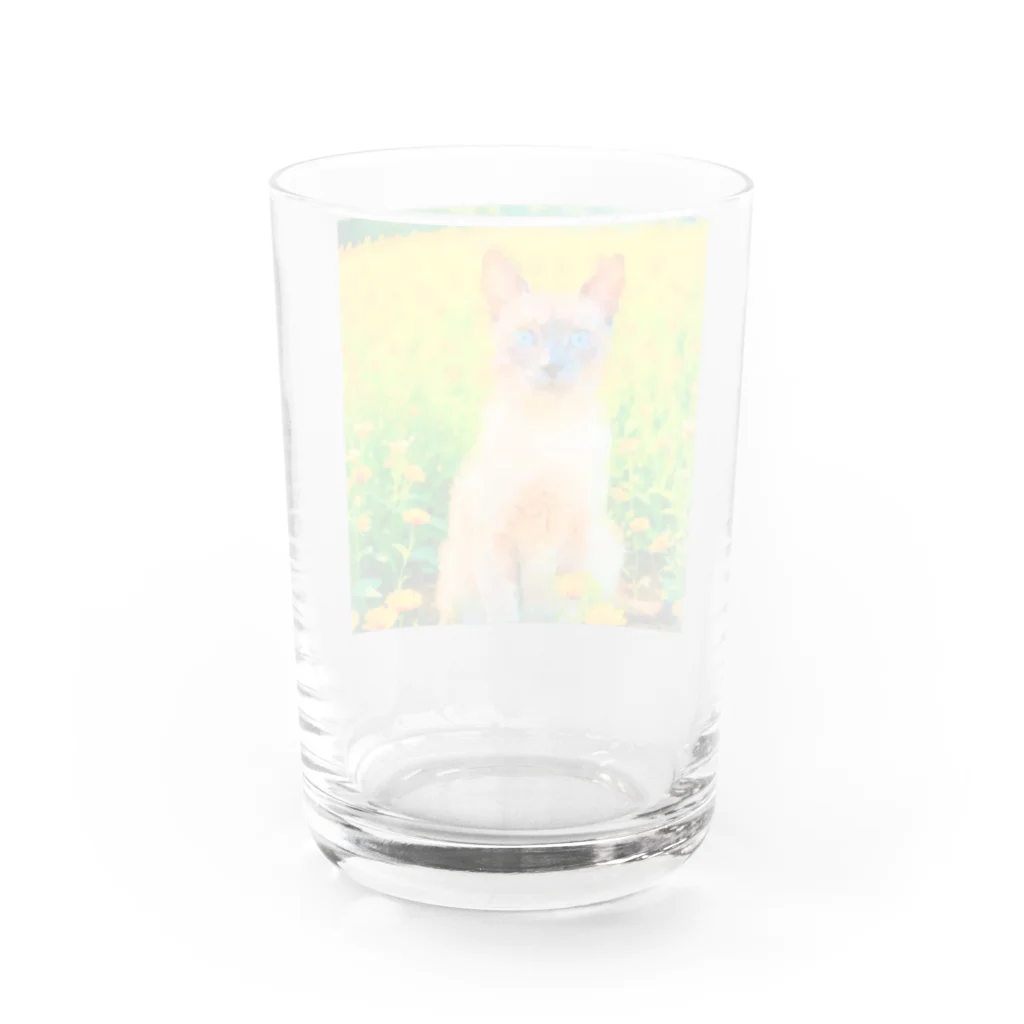 猫好きの谷の猫の水彩画/花畑のトンキニーズねこのイラスト/ポイントネコ グラス反対面