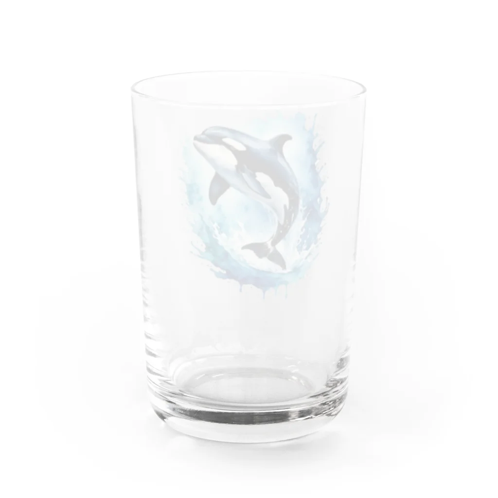 アニマル四字熟語の水彩画で描かれたシャチ　ジャンプする Water Glass :back