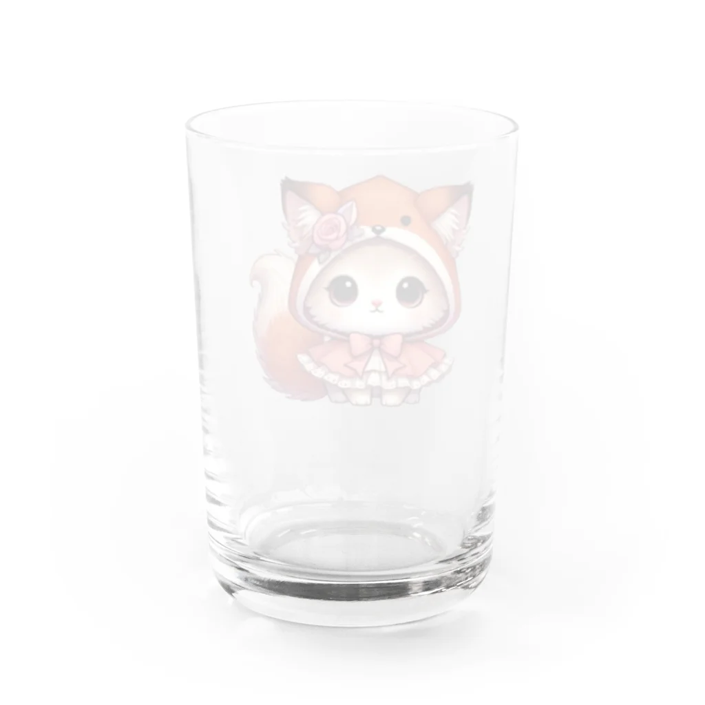 Snow-peaceの可愛いキツネのフードをかぶった子猫のイラスト Water Glass :back