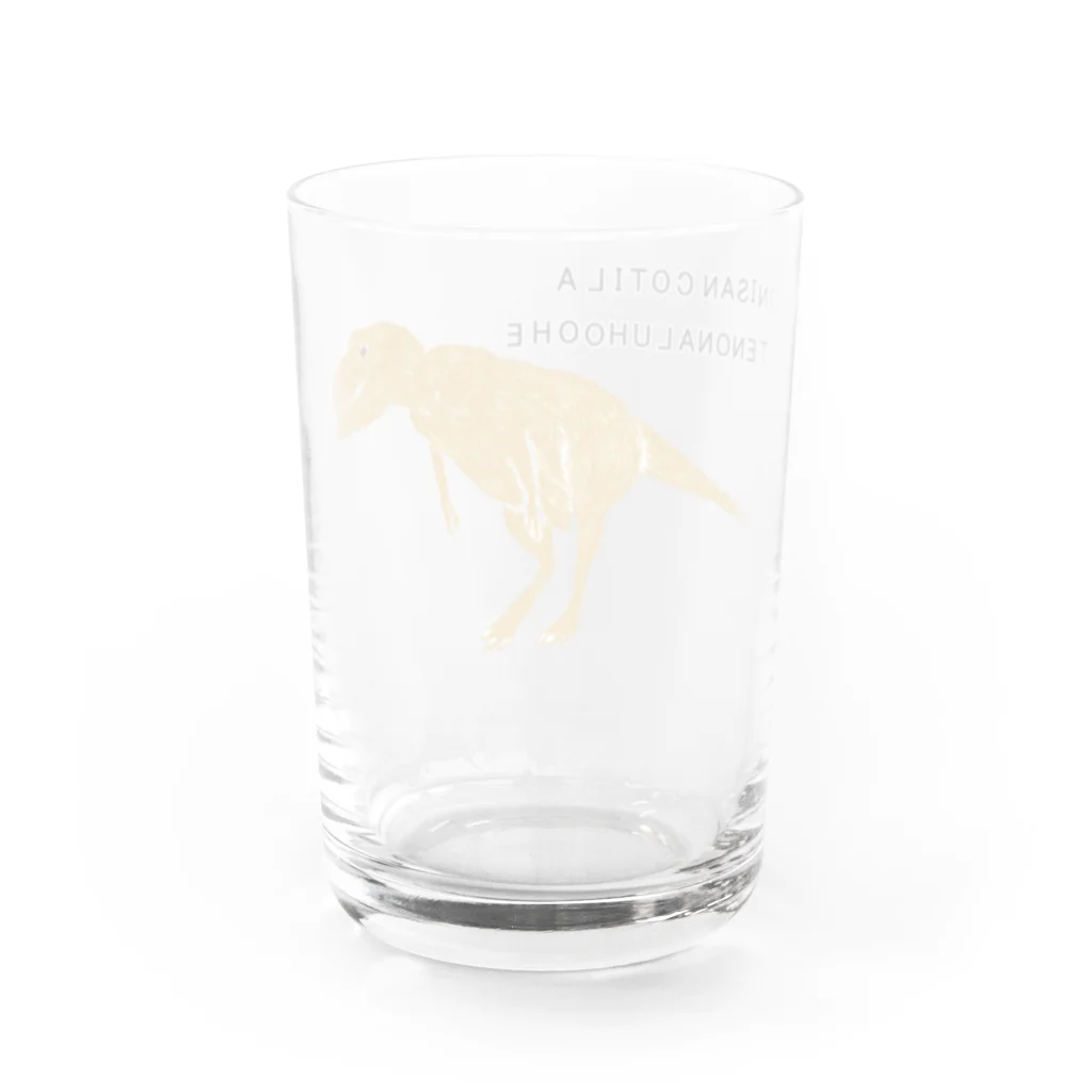 NIKORASU GOの恐竜ティラノサウルスTシャツ「鬼さんこちら手のなるほうへ」 Water Glass :back