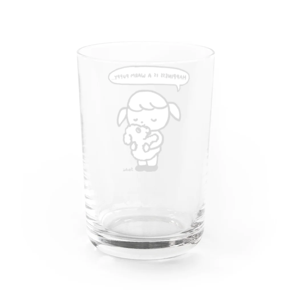 天明幸子　SUZURI  オフィシャルショップの『しあわせはあたたかい子犬』黒×白 Water Glass :back