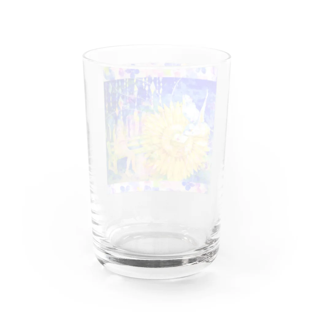 十二夜の書架の向日葵と翡翠・紫陽花の花びら（正方形） Water Glass :back