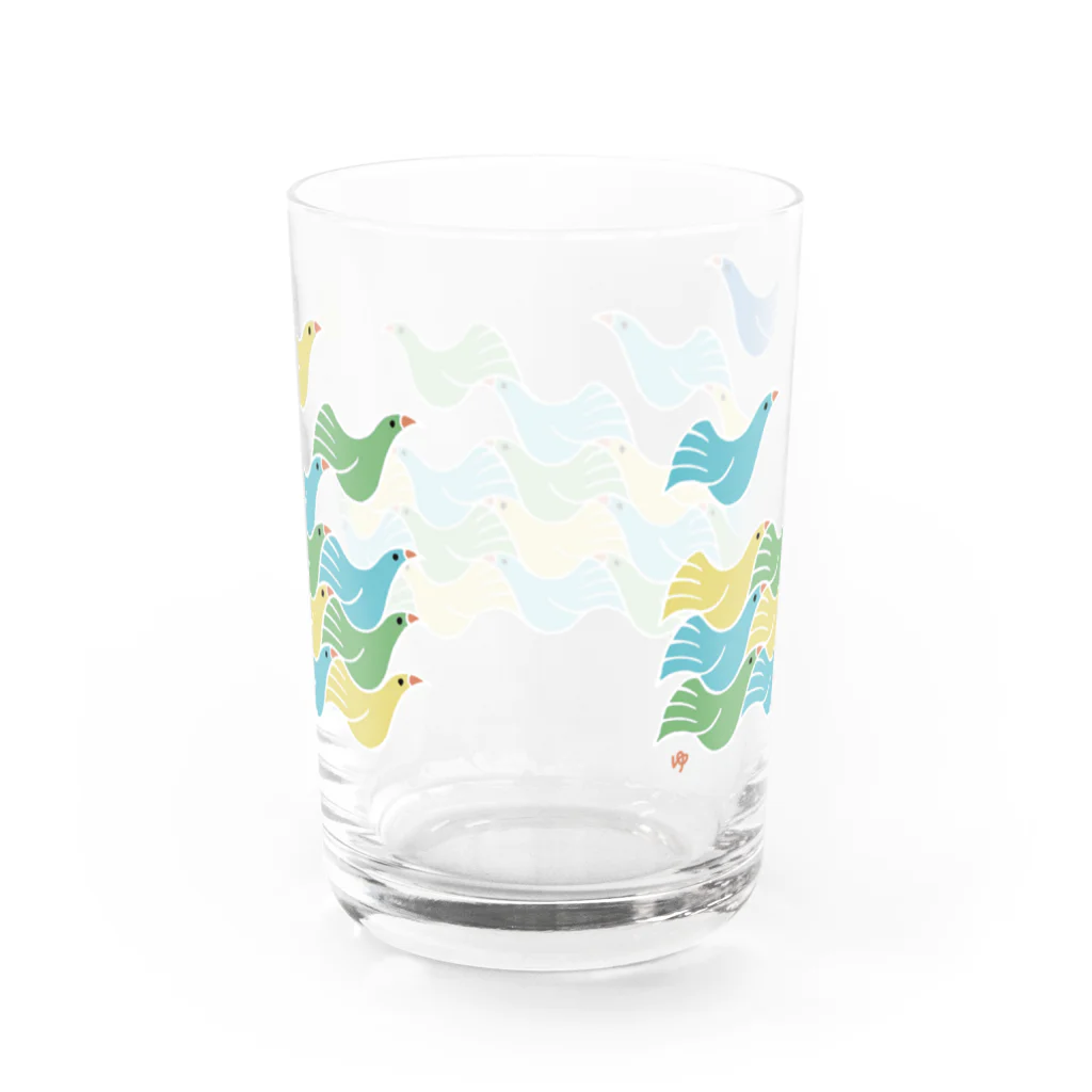 ゆっしーのつながるゆかいないきものたちのつながるコトリと幸せの青い鳥(グリーン) Water Glass :back