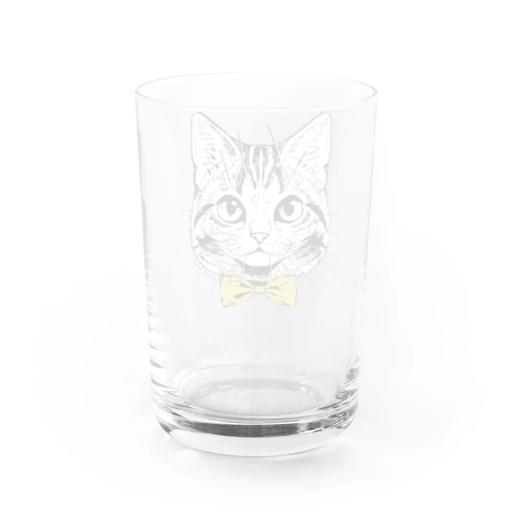 もじゃクッキーの黄色蝶ネクタイの猫 Water Glass :back