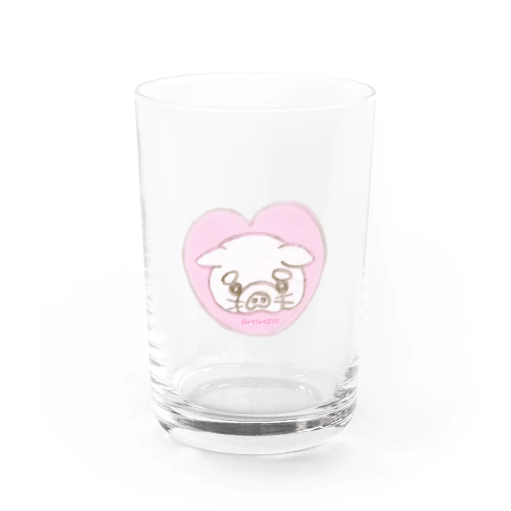 【ホラー専門店】ジルショップのハートのブタちゃん＊イラスト＊鉛筆画 Water Glass :front