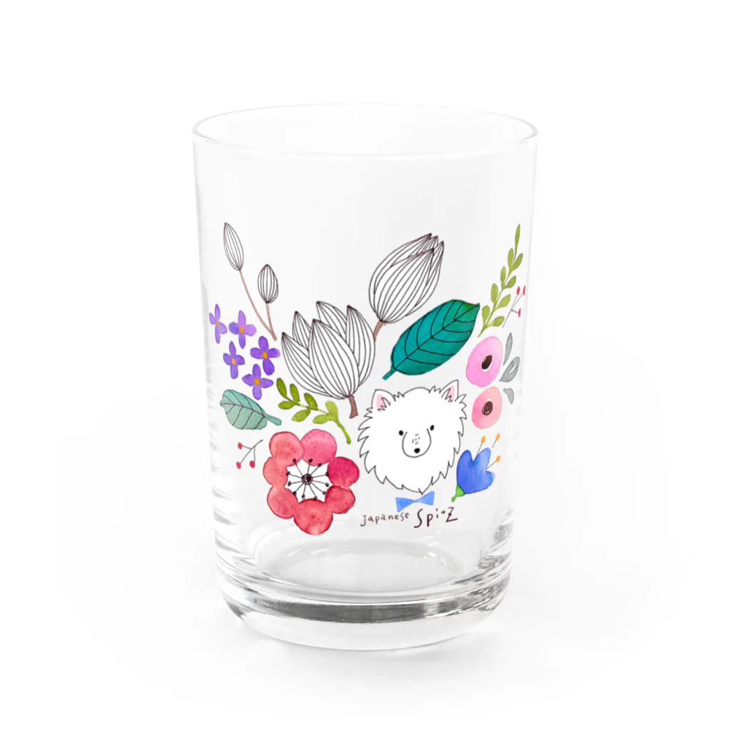 もくもくモクレンの日本スピッツデザインショップのスピッツとお花 Water Glass :front