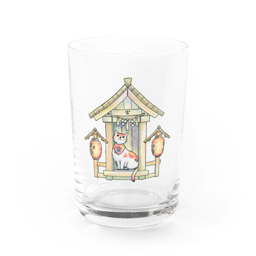 猫神神社の社と守り猫 Water Glass :front