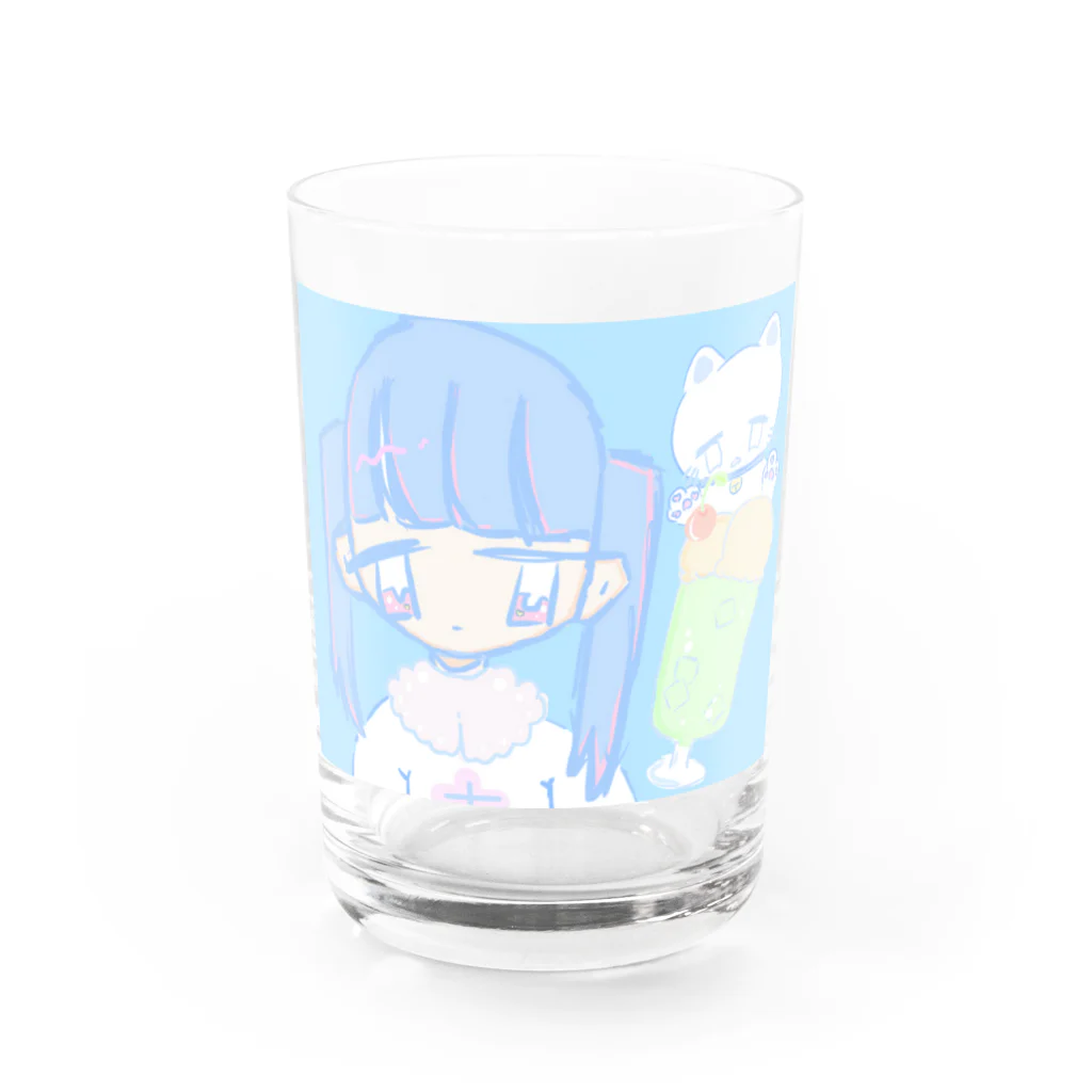 こまちゃんの絵のおみせの女の子とクリームソーダとネコ Water Glass :front