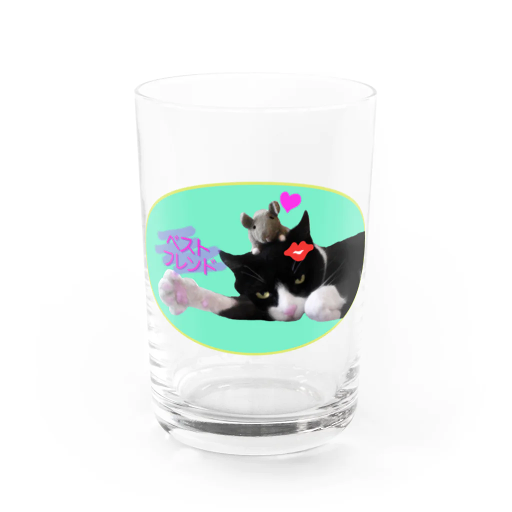 Kaeru Craftのベストフレンド ネコ丸とネズミ(グリーン) グラス前面