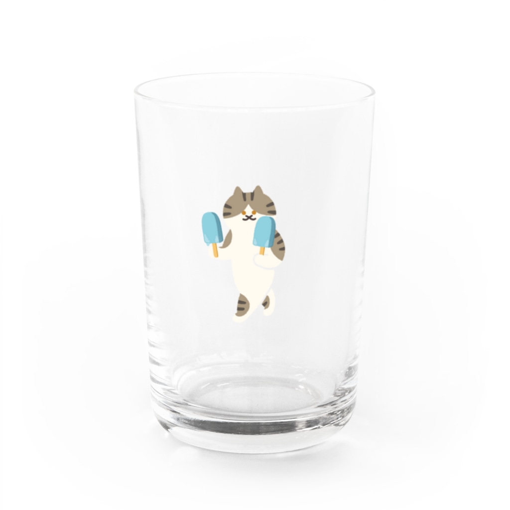 SUIMINグッズのお店のソーダアイスを意気揚々と運ぶねこ Water Glass :front