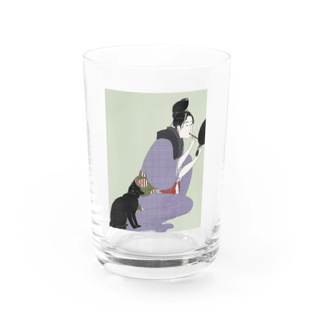 keeeeeep smilingの口紅を塗る女とスリスリする猫 Water Glass :front