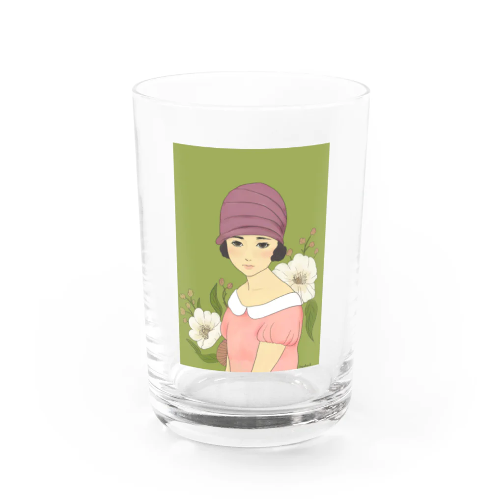 四月研究所 SUZURI店の大正浪漫ヲトメ図画ー桃色 Water Glass :front