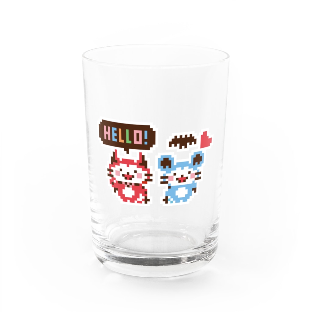 ミニマムユニヴァース@SUZURIのデビねこくんとデビねずちゃんドット絵 グラス Water Glass :front