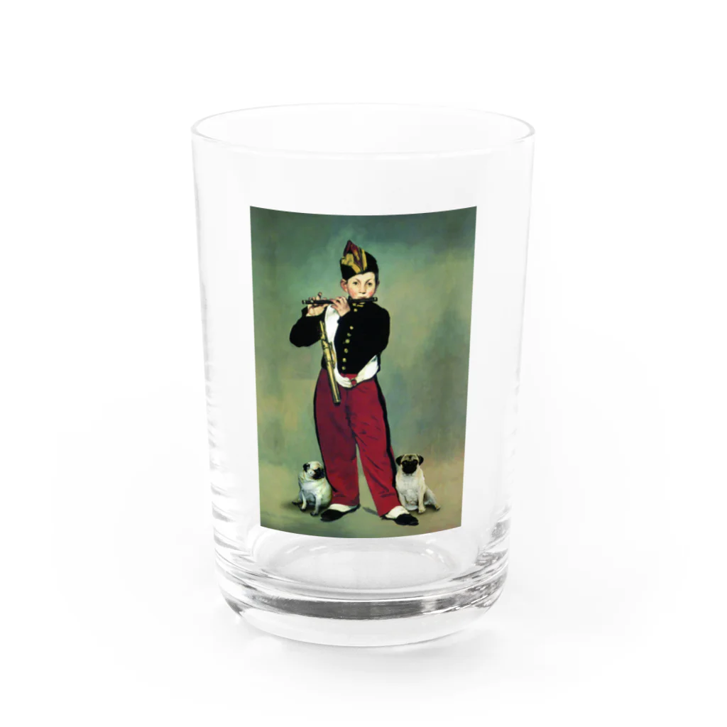 ペチャップリン の笛を吹く少年の横でパグ座り Water Glass :front