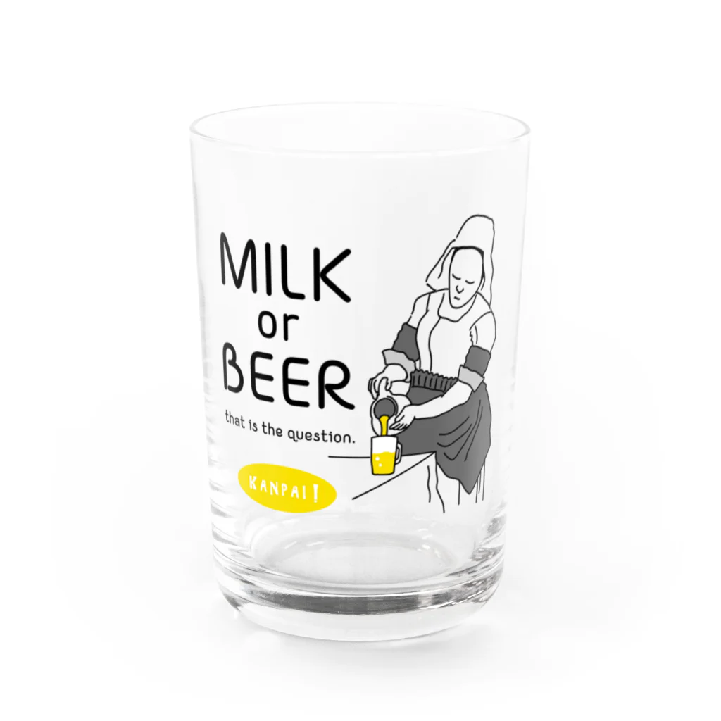 ビールとアート TM-3 Designの名画 × BEER（牛乳を注ぐ女・牛乳かビールか、それが問題だ。）黒線画 グラス前面