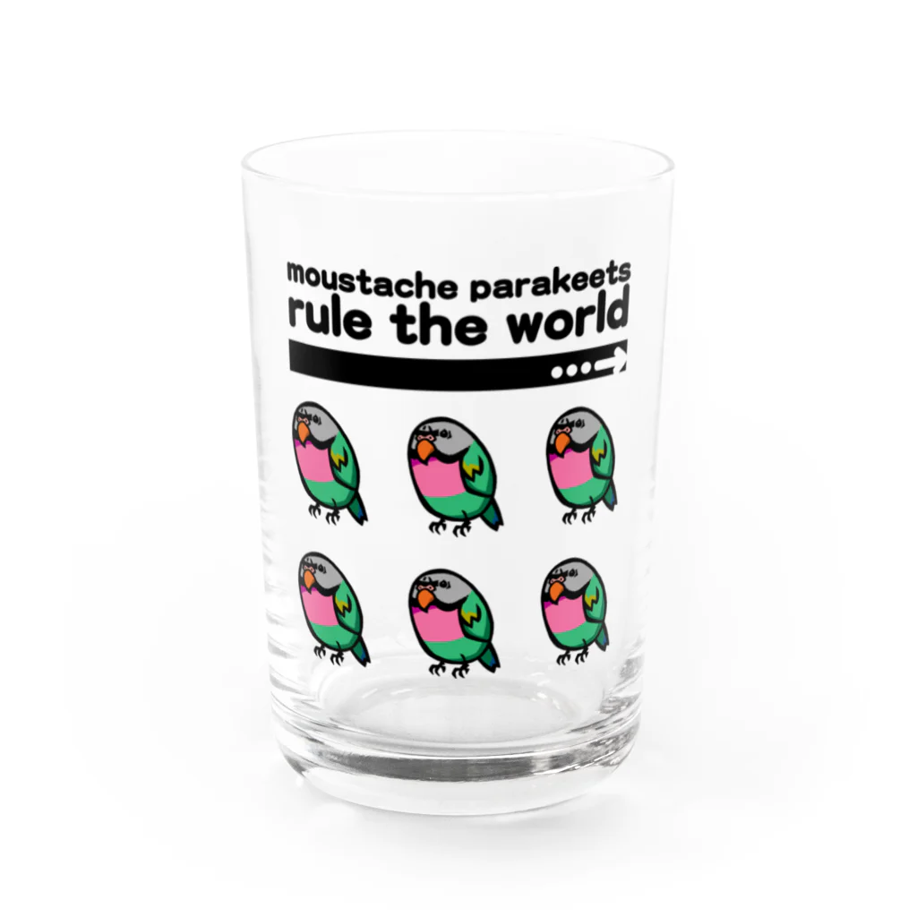 カゲトラのダルマインコのカゲトラさん（ギョリギョリ・セクステット）文字入り（moustache parakeets rule the world） Water Glass :front