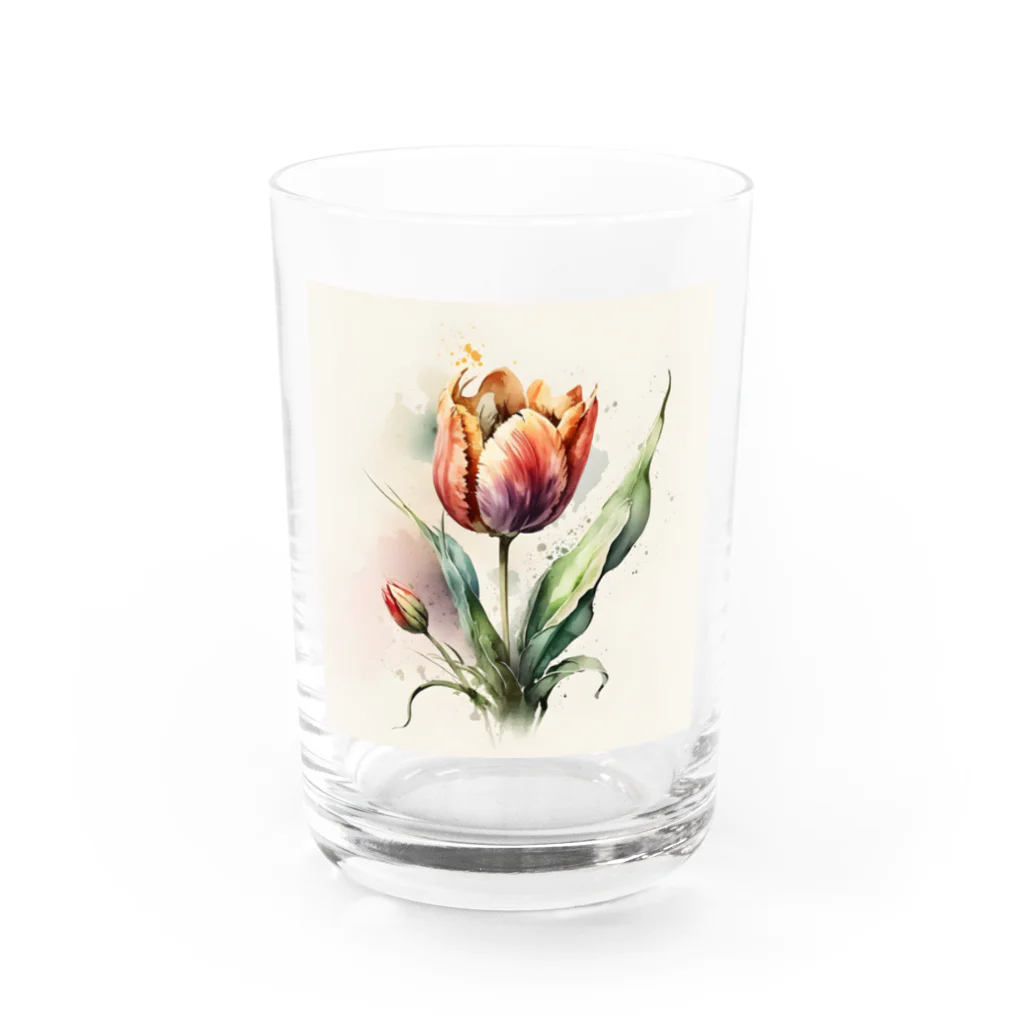 Cat &Flower_illustrationのレトロで美しい水彩のチューリップ Water Glass :front