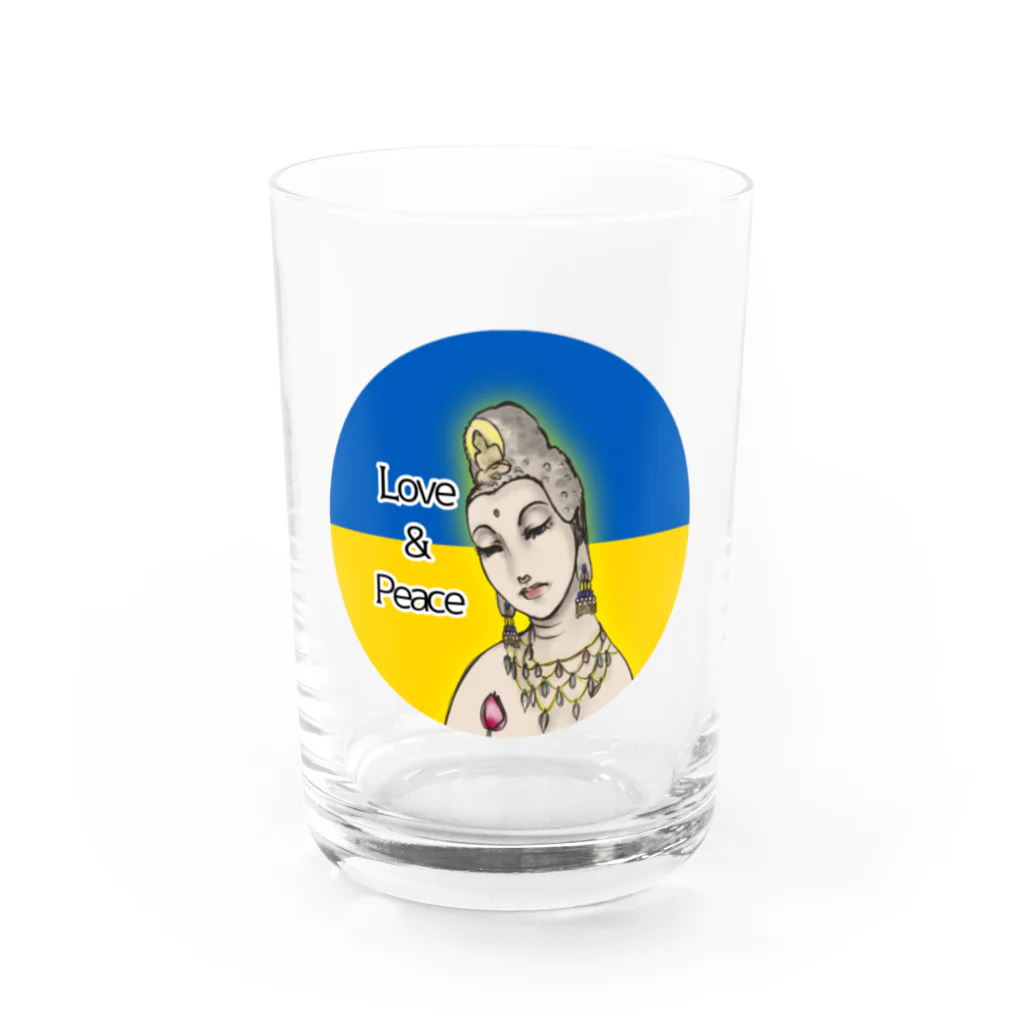 諭苑のSUZURI店のLove＆Peace観世音菩薩ウクライナ国旗背景 Water Glass :front