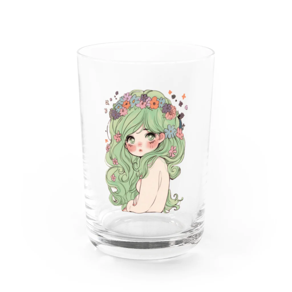 天道虫のグリーンフラワーガール Water Glass :front