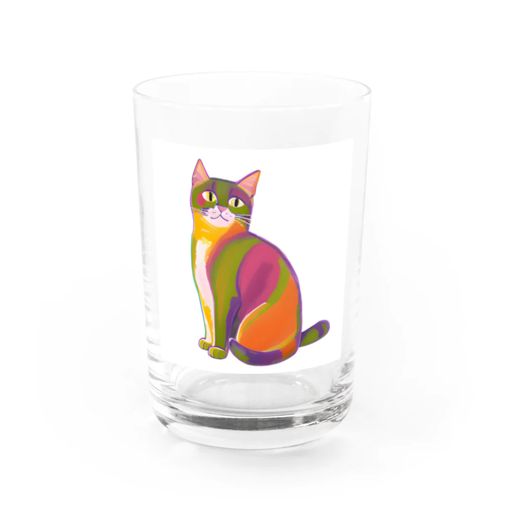 gatto solitario(物寂しげな猫)の真っ白い背景にポツンと佇む虹色の猫 Water Glass :front