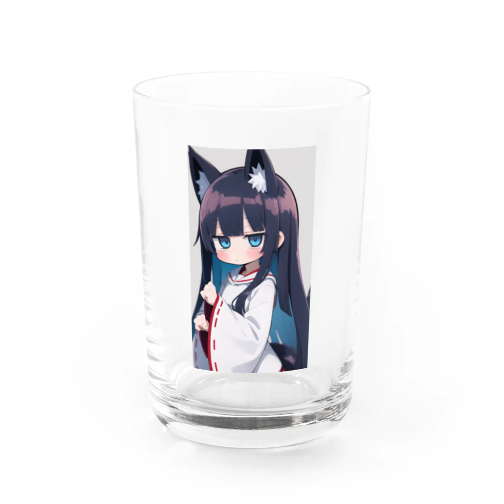 ケモ耳美少女キツネちゃん（AIart）の紺色の髪のキツネの女の子 Water Glass :front