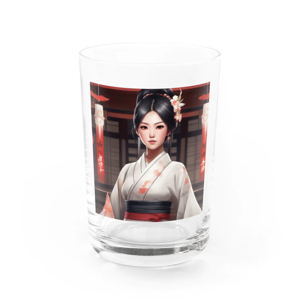 ワンダーワールド・ワンストップの黒髪の美しいポニーテール姿の巫女さん Water Glass :front