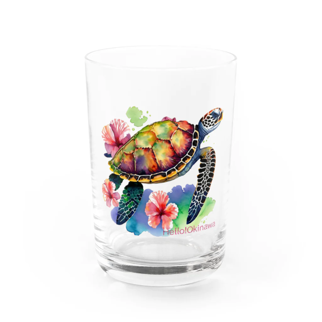 ハロー! オキナワの海亀とハイビスカス Water Glass :front