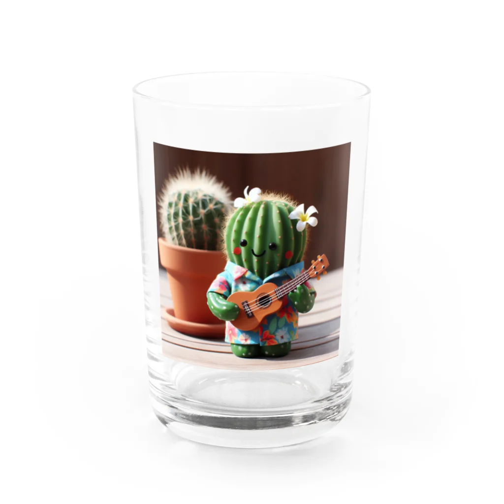 ワンダーワールド・ワンストップのハワイアンシャツを着てウクレレを弾くサボテン Water Glass :front