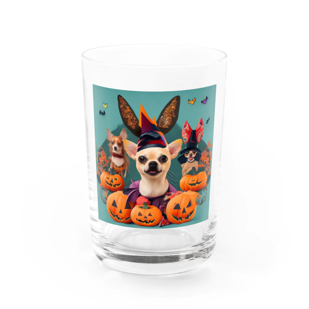 チワワ愛好家ショップのカラフルな夜のハロウィン・チワワ・フィエスタ Water Glass :front