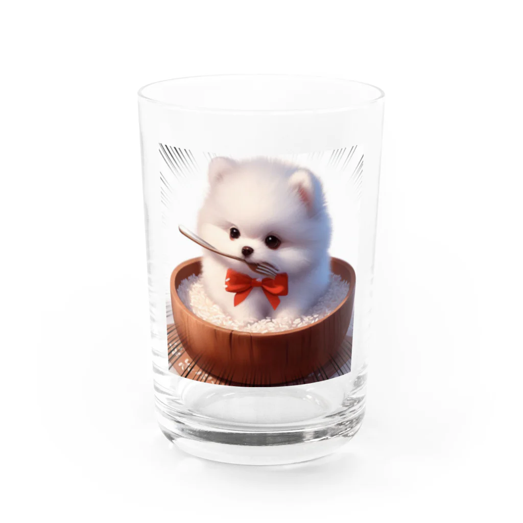 Pom-Dog'sのご飯に埋もれる白ポメ Water Glass :front