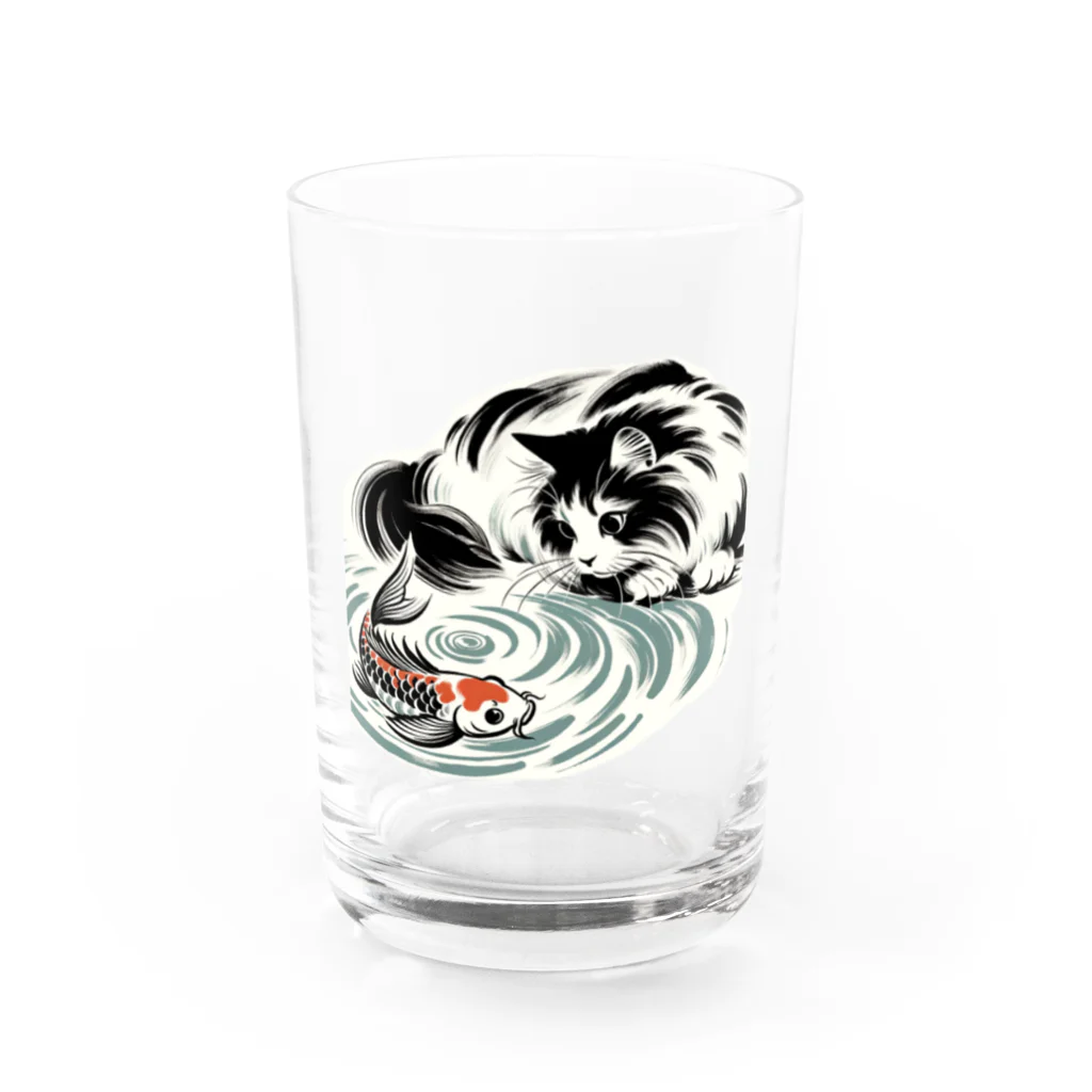 MakotOの猫と鯉（水墨画風） Water Glass :front