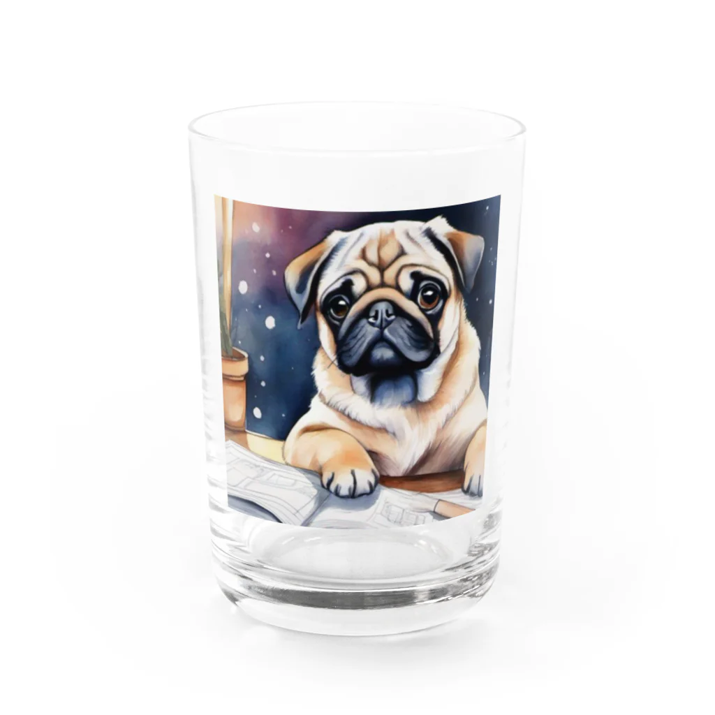 こころやすらぐの水彩子犬　パグ Water Glass :front