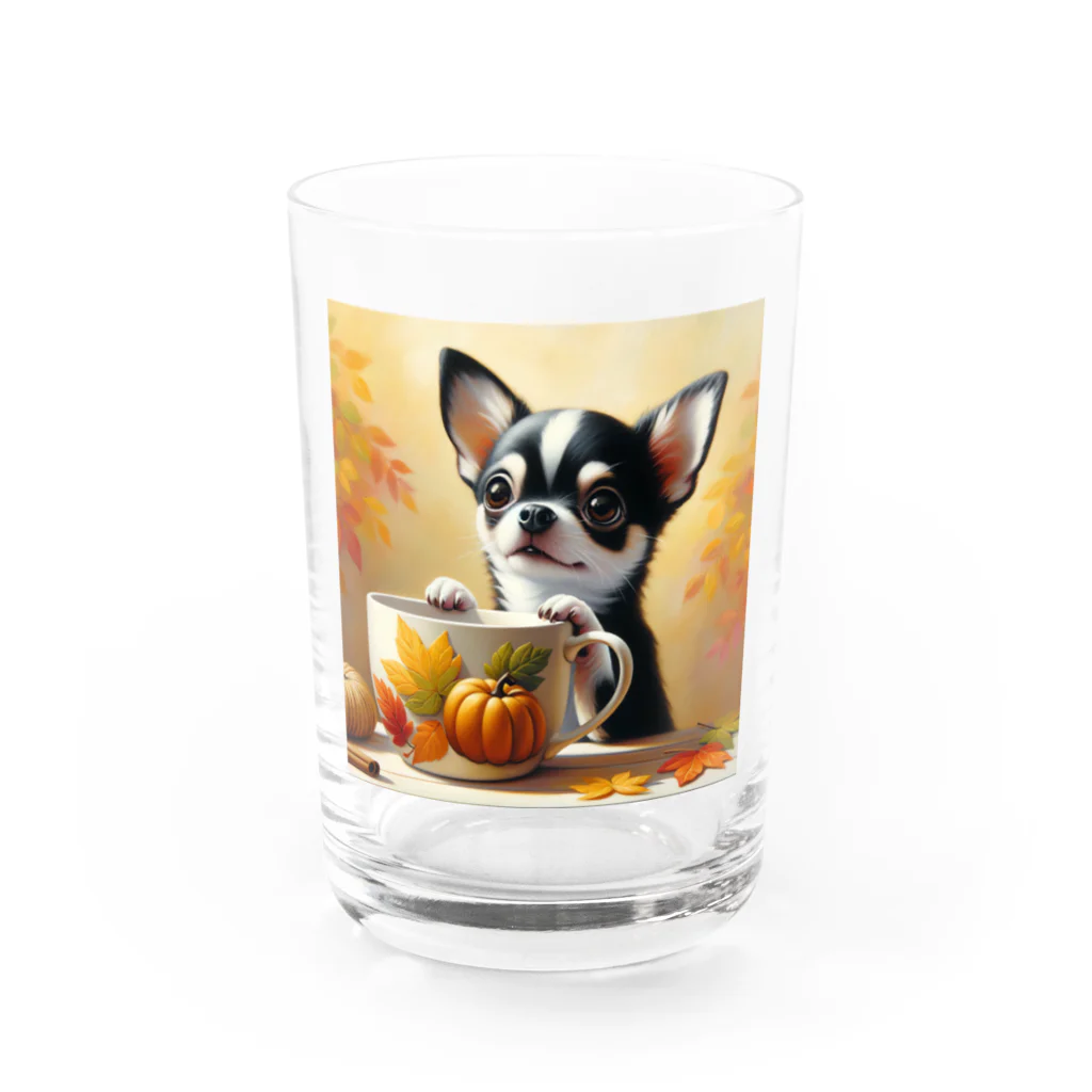 DeenaDeeのAutumn Curiosity: Chihuahua & Mug Magic 秋の好奇心: チワワとマグカップ Water Glass :front