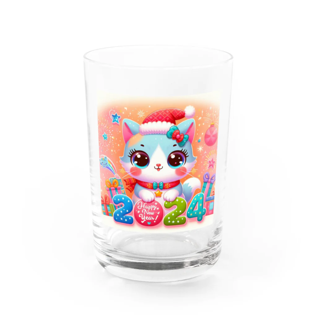 ニャーちゃんショップの新年を迎える猫  2024 Water Glass :front