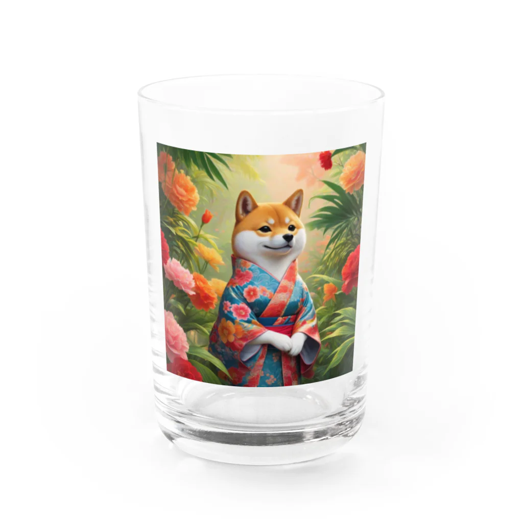 ポンキチはうすの花に囲まれた着物姿の柴犬 Water Glass :front