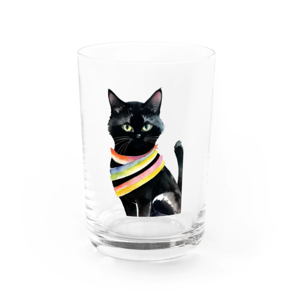 幸運のしっぽの黒猫と虹の首輪 Water Glass :front